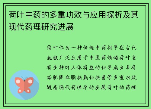 荷叶中药的多重功效与应用探析及其现代药理研究进展